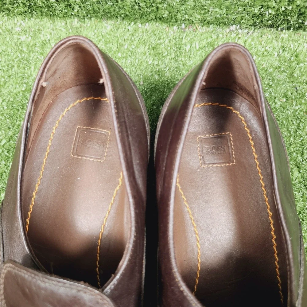 Hugo Boss Brogue Brown Leather Slip On Dress Loafer Shoes Mens Size 44 US 11